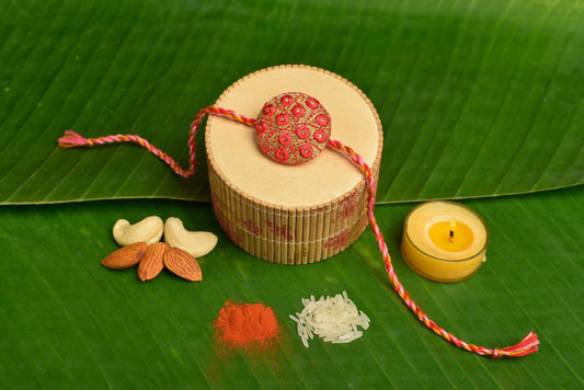 Peach Golden Embroidery Rakhi with Roli Chawal