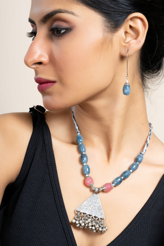 Handmade Semi Precious Pink Grey Onyx Jade Tribal Pendant Necklace set with Matching Earring and Adjustable Dori