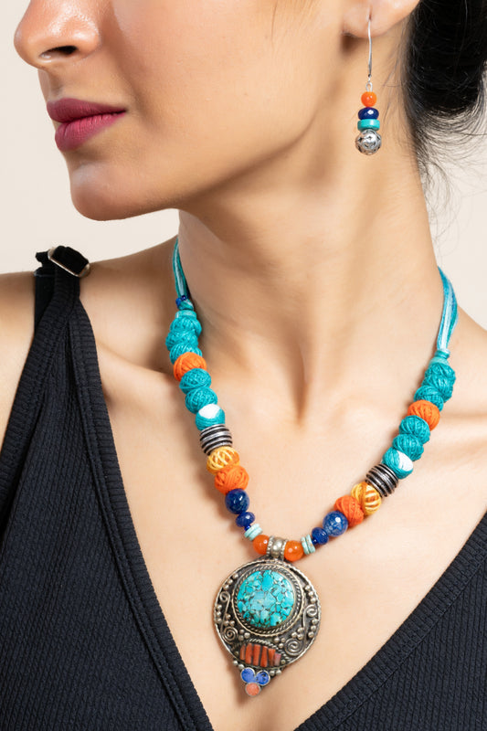 Handmade Semi Precious Turquoise Blue Red Tibetan necklace set with Matching Earring and Adjustable Dori