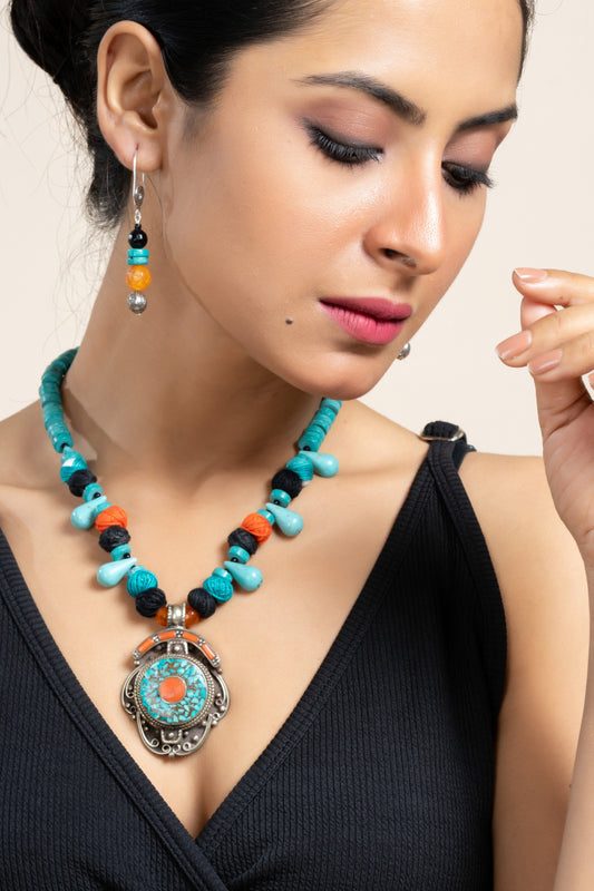 Handmade Semi Precious Turquoise Drop Blue Orange Tibetan Necklace set with Matching Earring and Adjustable Dori