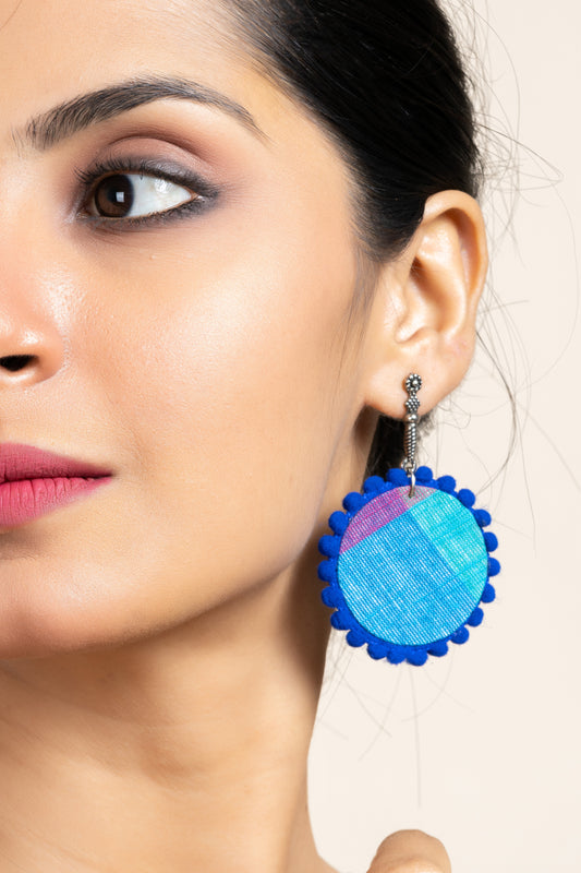 Handmade Turquoise Blue Pink Fabric Earring with Oxidized Stud