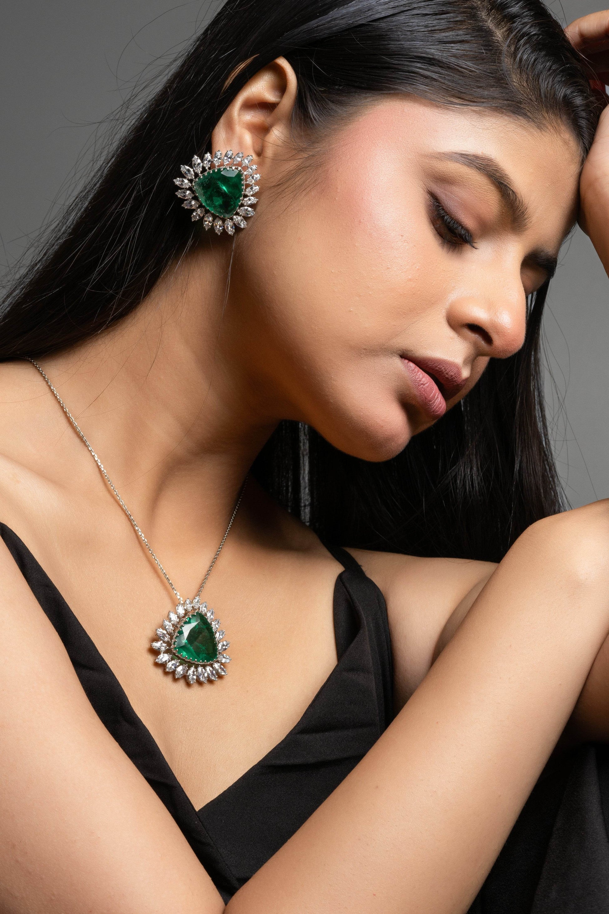 Designer Green Doublet American Diamond Sterling Silver Necklace Set - Lookandadorn.com