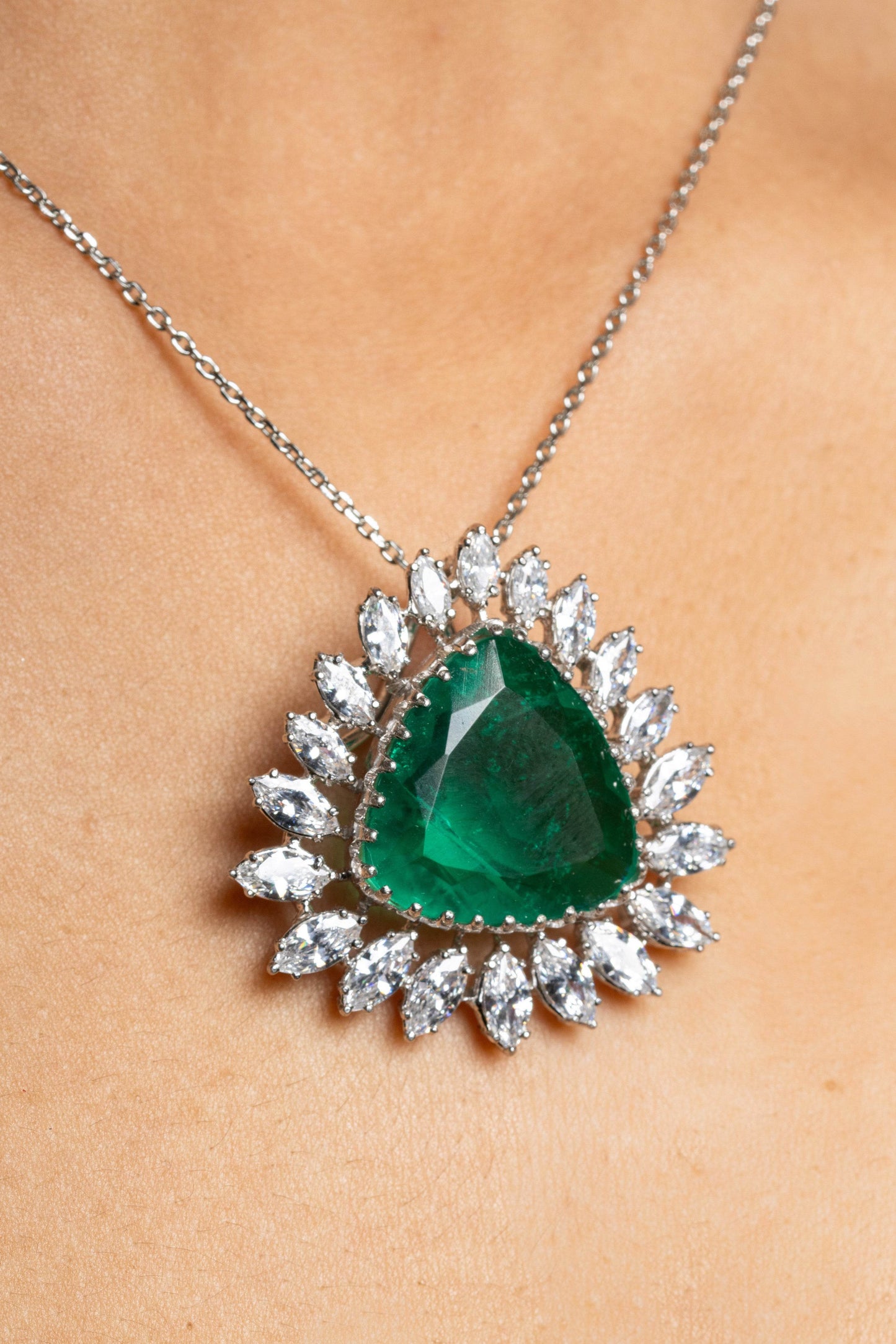 Designer Green Doublet American Diamond Sterling Silver Necklace Set - Lookandadorn.com