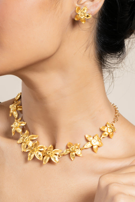 Gold Plated Floral Designer Choker Necklace with Matching Stud Earring