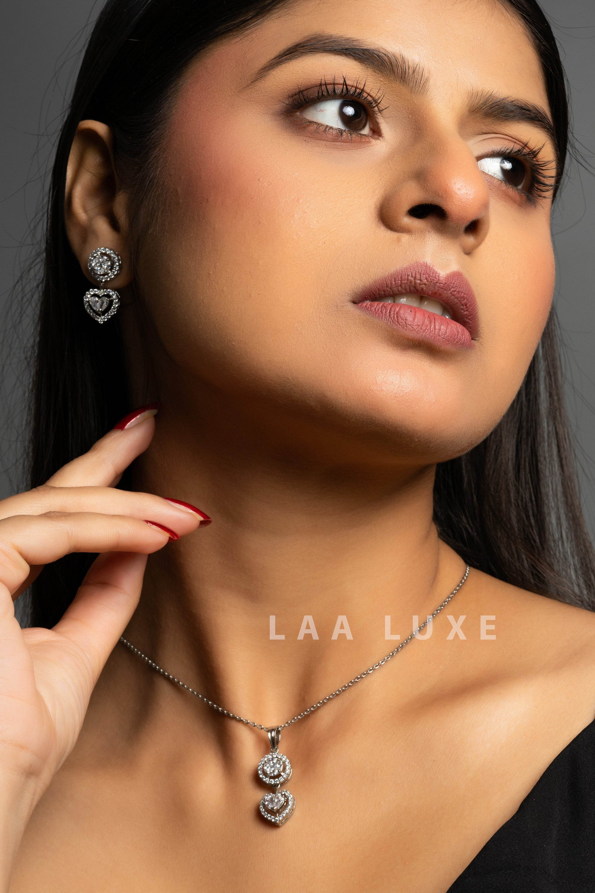 American Diamond Sterling Silver Chain Necklace & Earrings Set - Lookandadorn.com