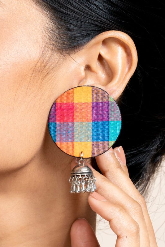 Handmade Multicolor Fabric German Silver Jhumka Earring