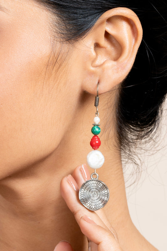 Handmade Semi Precious White Coin Pearl Red Coral Green Malachite Earring