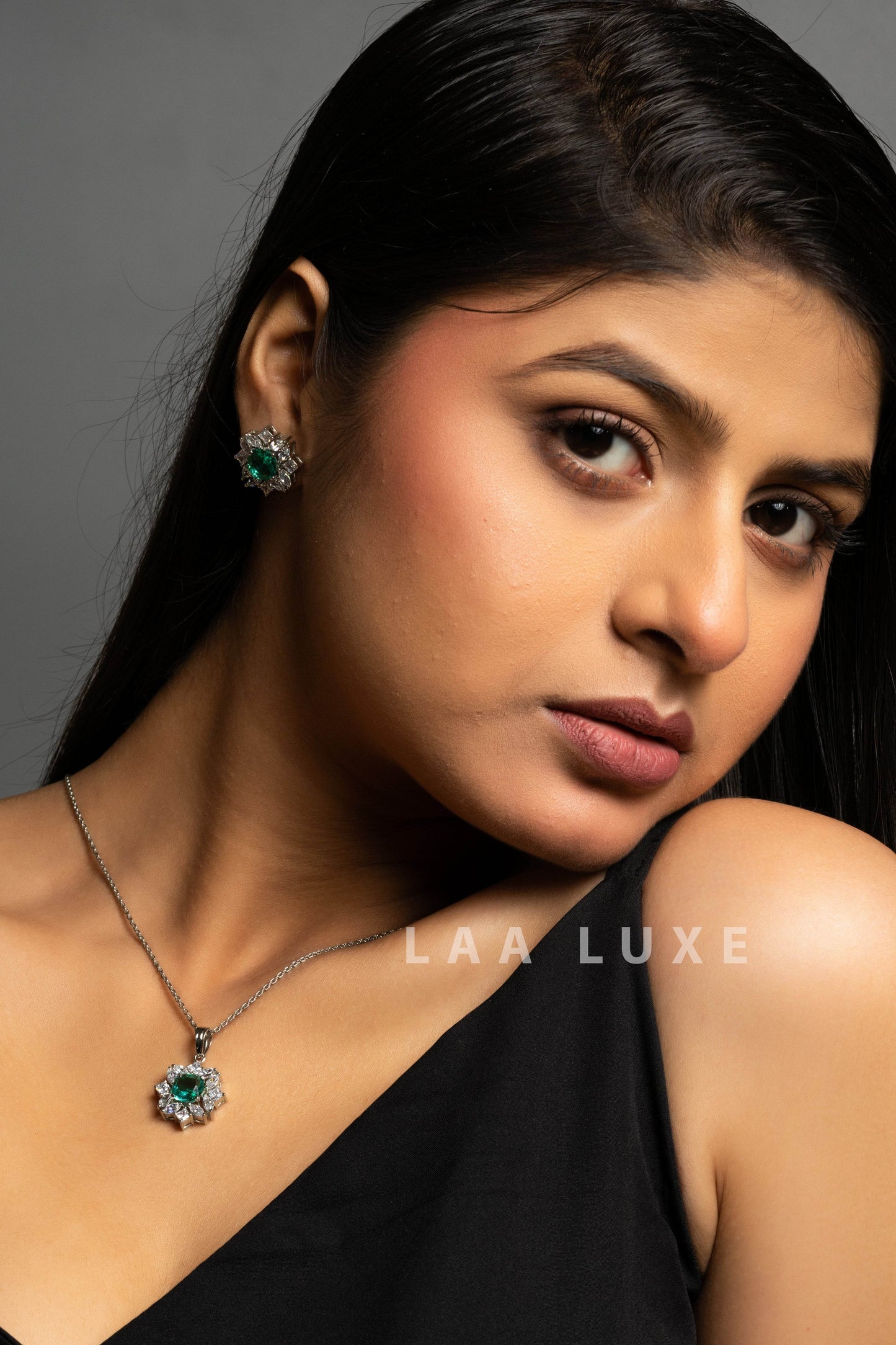 Aqua Blue American Diamond Sterling Silver Necklace & Earrings Set - Lookandadorn.com