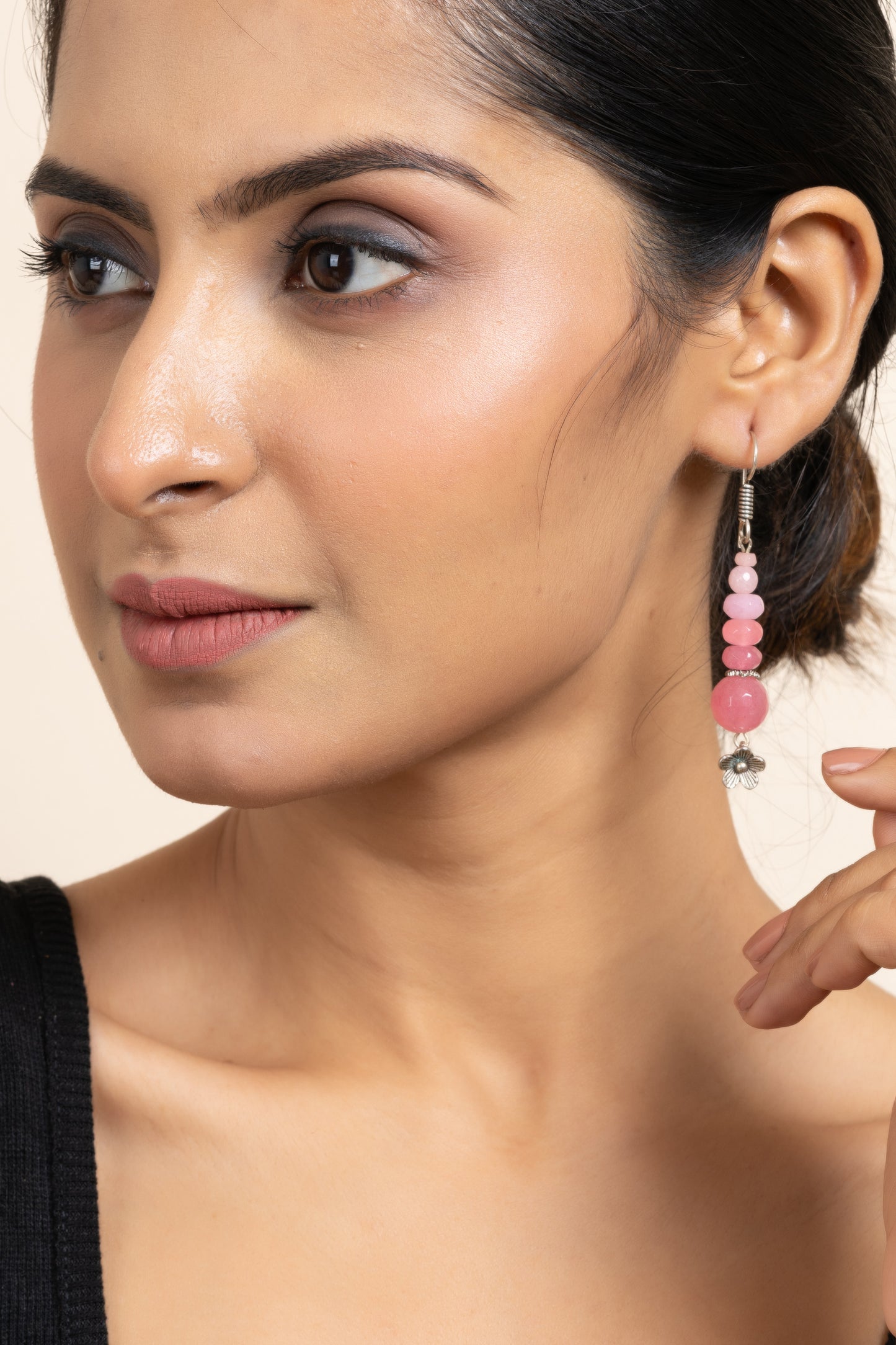 Handmade Semi Precious Pink Onyx Rose Quartz Floral Dangler Earring