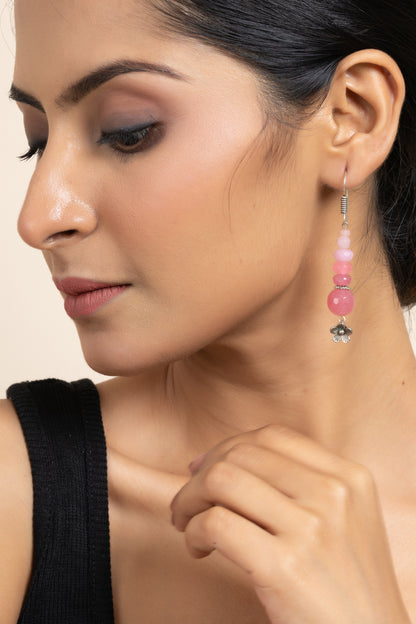 Handmade Semi Precious Pink Onyx Rose Quartz Floral Dangler Earring