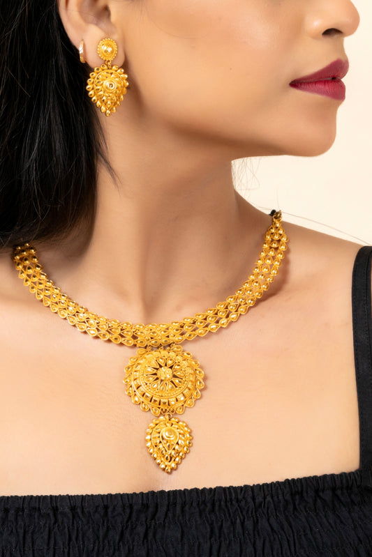 Gold Plated Statement Floral Drop Choker Neckpiece with Matching Stud Earring