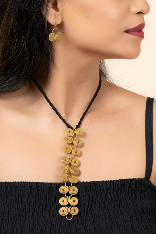 Handmade Dokra Brass Golden Round Spiral Necklace Set with Adjustable Black Dori and Earring