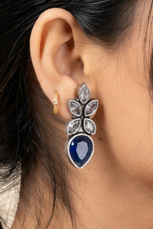 Oxidized Silver White Blue Cubic Zirconia Stud Earring
