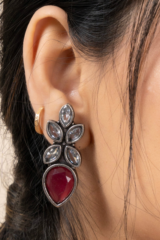 Oxidized Silver White Red Cubic Zirconia Stud Earring