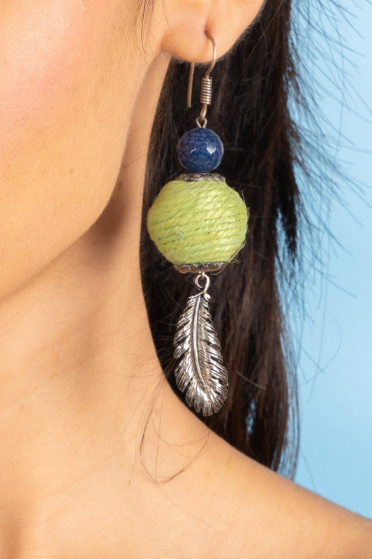 Handmade Blue Green Onyx Jute German Silver Feather Earring