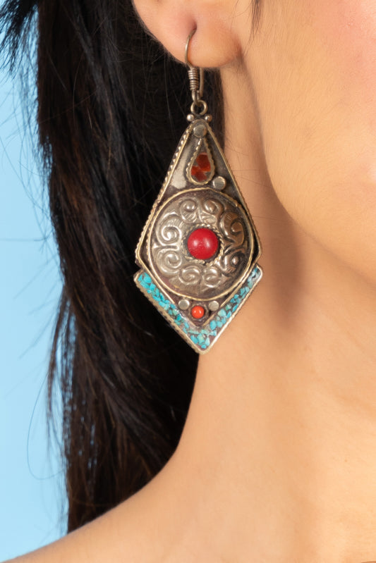 Turquoise Red Coral Tibetan Earring