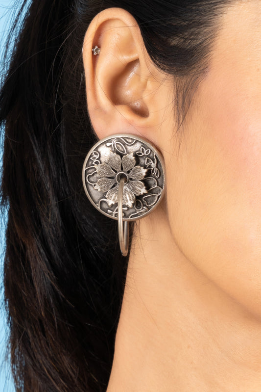 Designer Oxidized Silver Replica Floral Ring Stud Earring