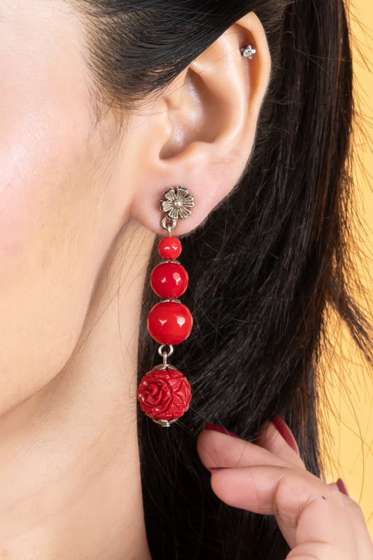 Handmade Semi Precious Red Onyx Cinnabar Floral Stud Dangler Earring