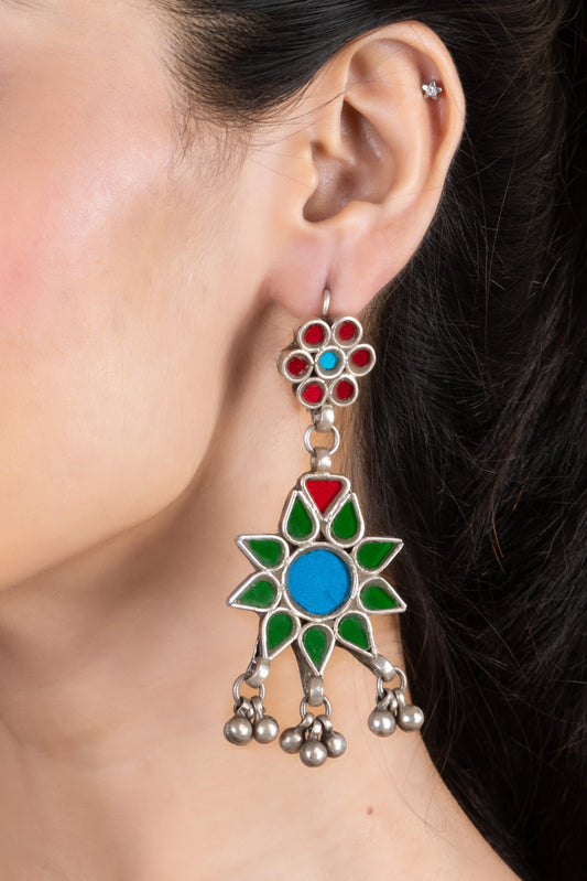 Red Blue Green Floral Glasswork Afghan Replica Dangler Earring