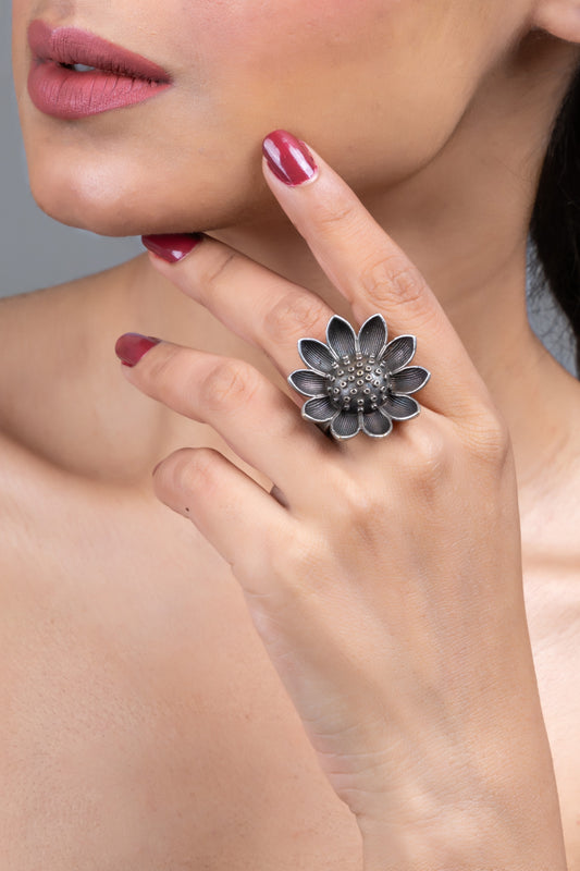 Oxidised Silver Replica Sunflower Adjustable Finger Ring