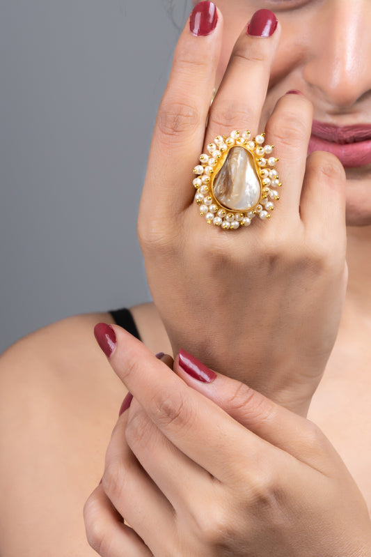 Statement Golden Brass Baroque Pearl Adjustable Finger Ring