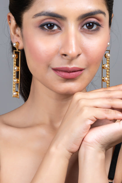 Designer Golden Brass Pearl Stud Dangler Earring