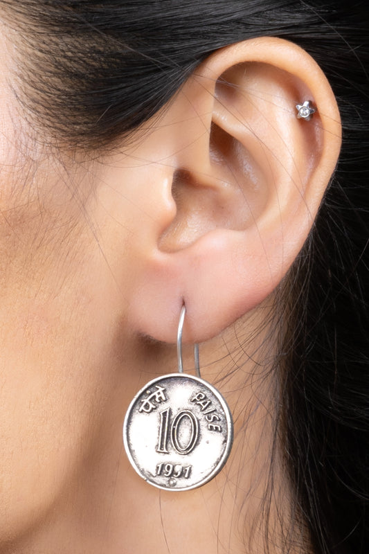 Oxidized Silver Replica Ten Paise Circular Light weight Earring