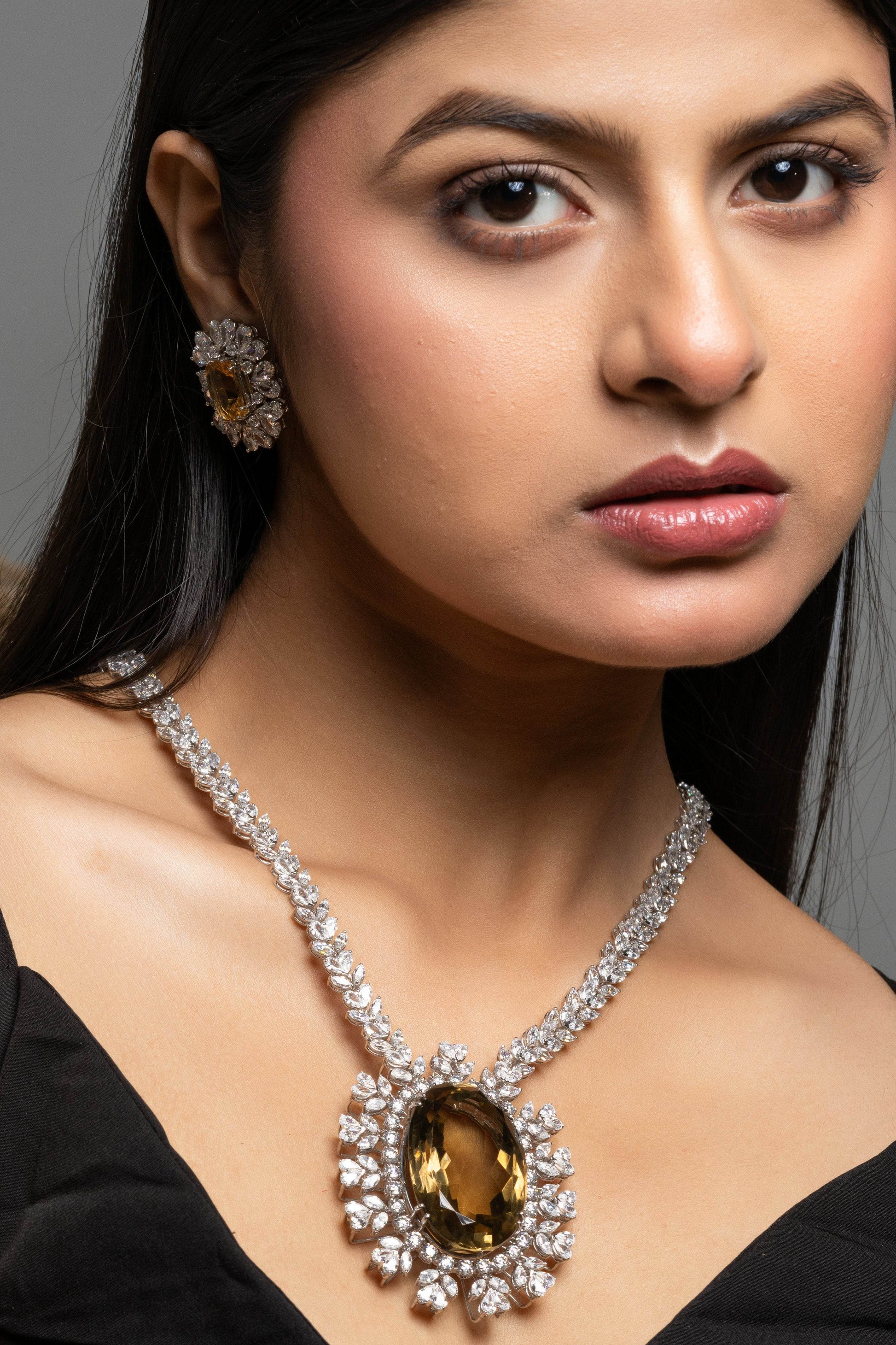 Designer White American Diamond Sterling Silver Necklace with Earrings Jewellery Set - Lookandadorn.com