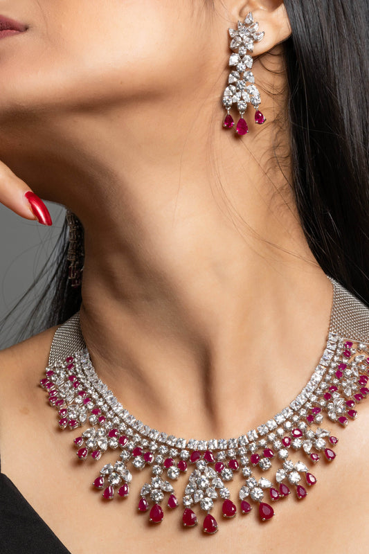 Designer Semi Precious Ruby with American Diamond Sterling Silver Necklace with Earrings Jewellery Set - Lookandadorn.com