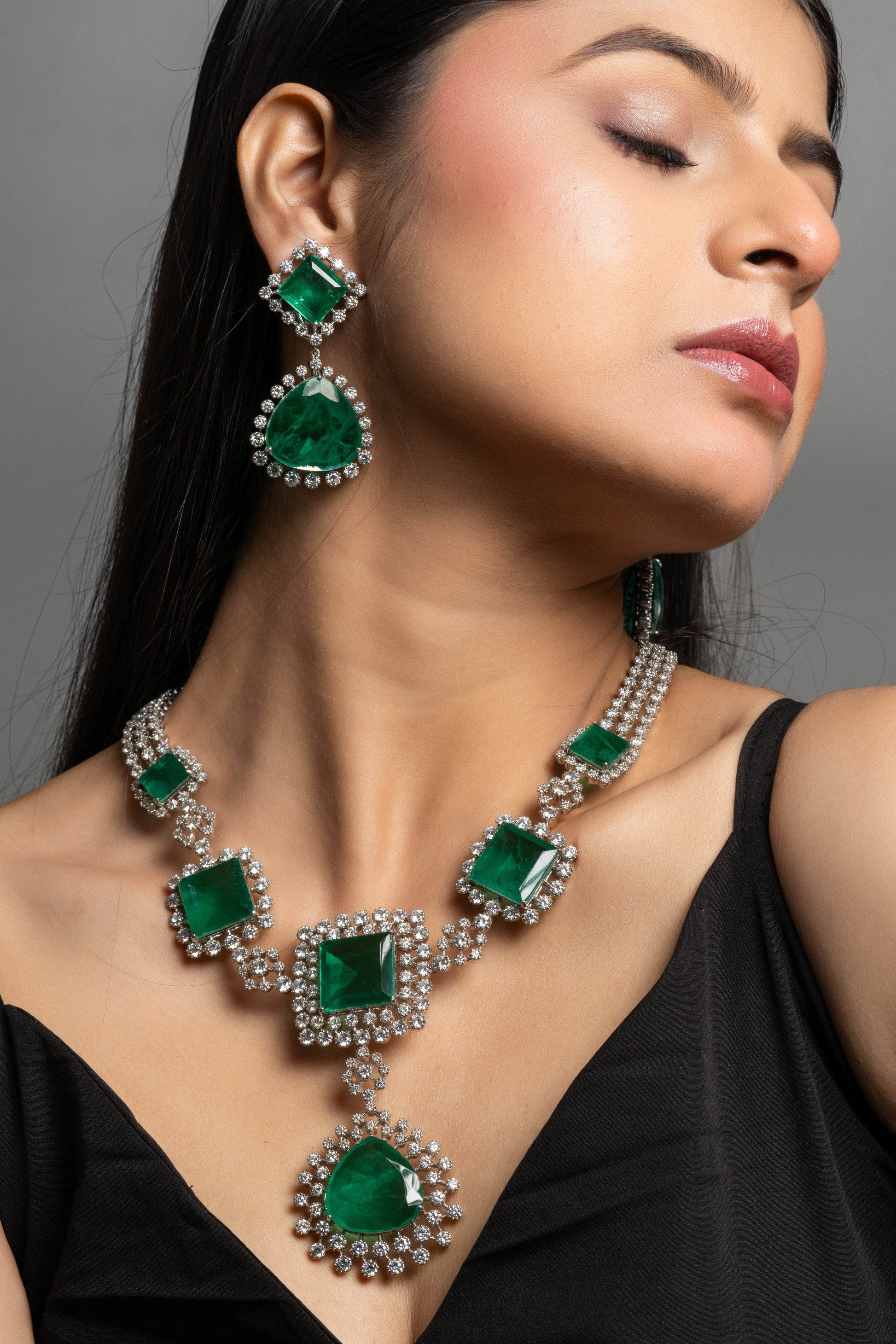 Designer Green Doublet with American Diamond Sterling Silver Necklace Set - Lookandadorn.com