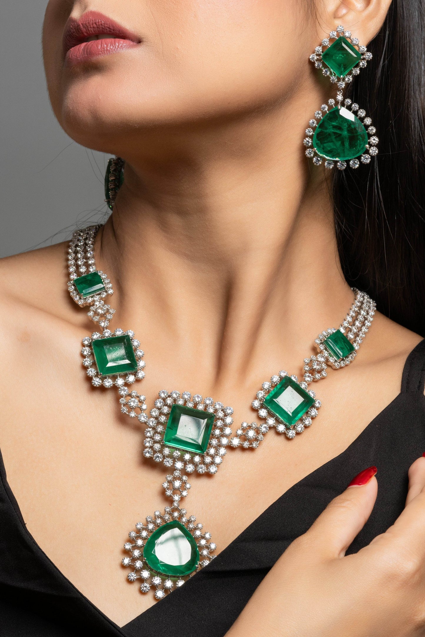 Designer Green Doublet with American Diamond Sterling Silver Necklace Set - Lookandadorn.com