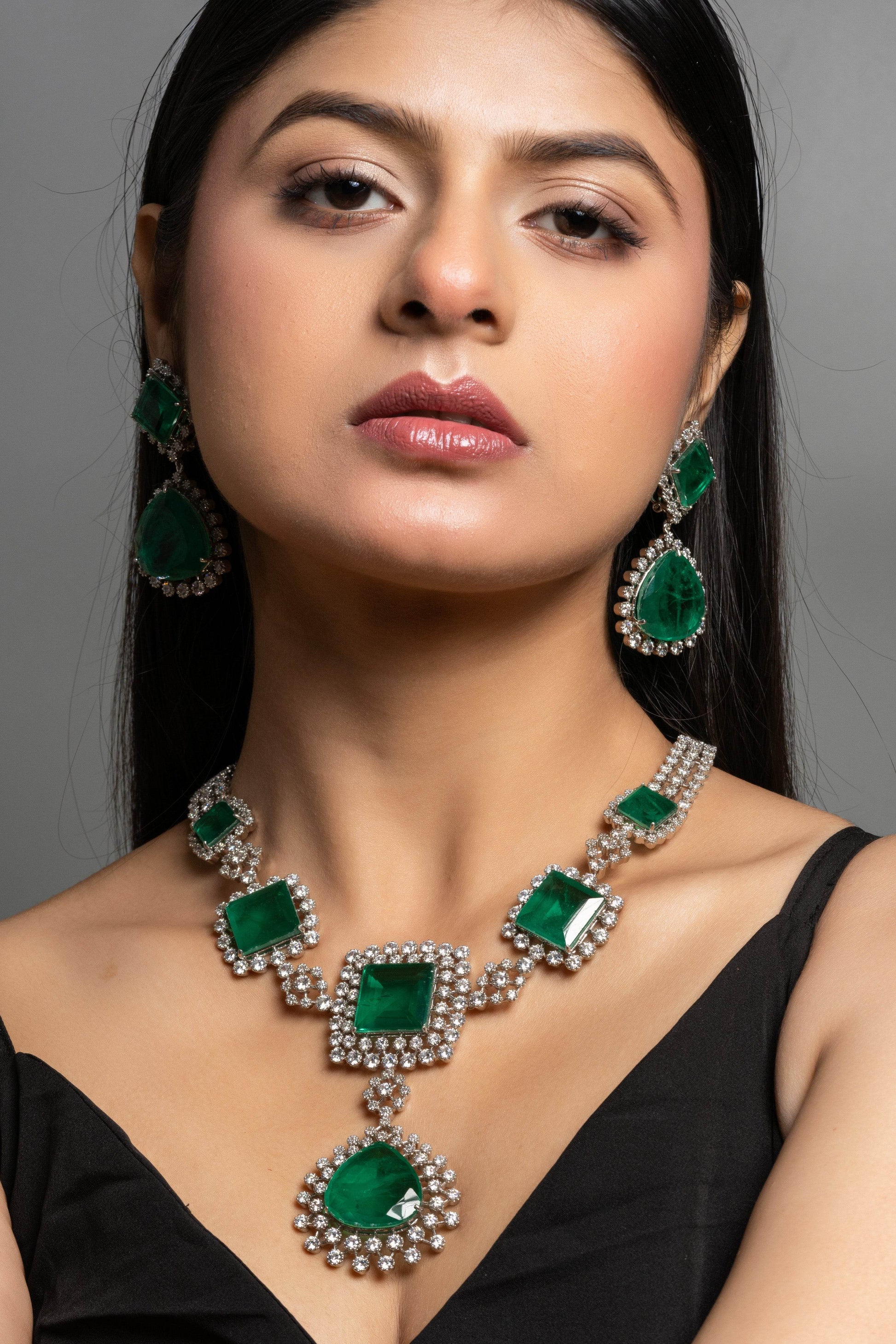 Designer Green Doublet with American Diamond Sterling Silver Necklace Set - Lookandadorn.com