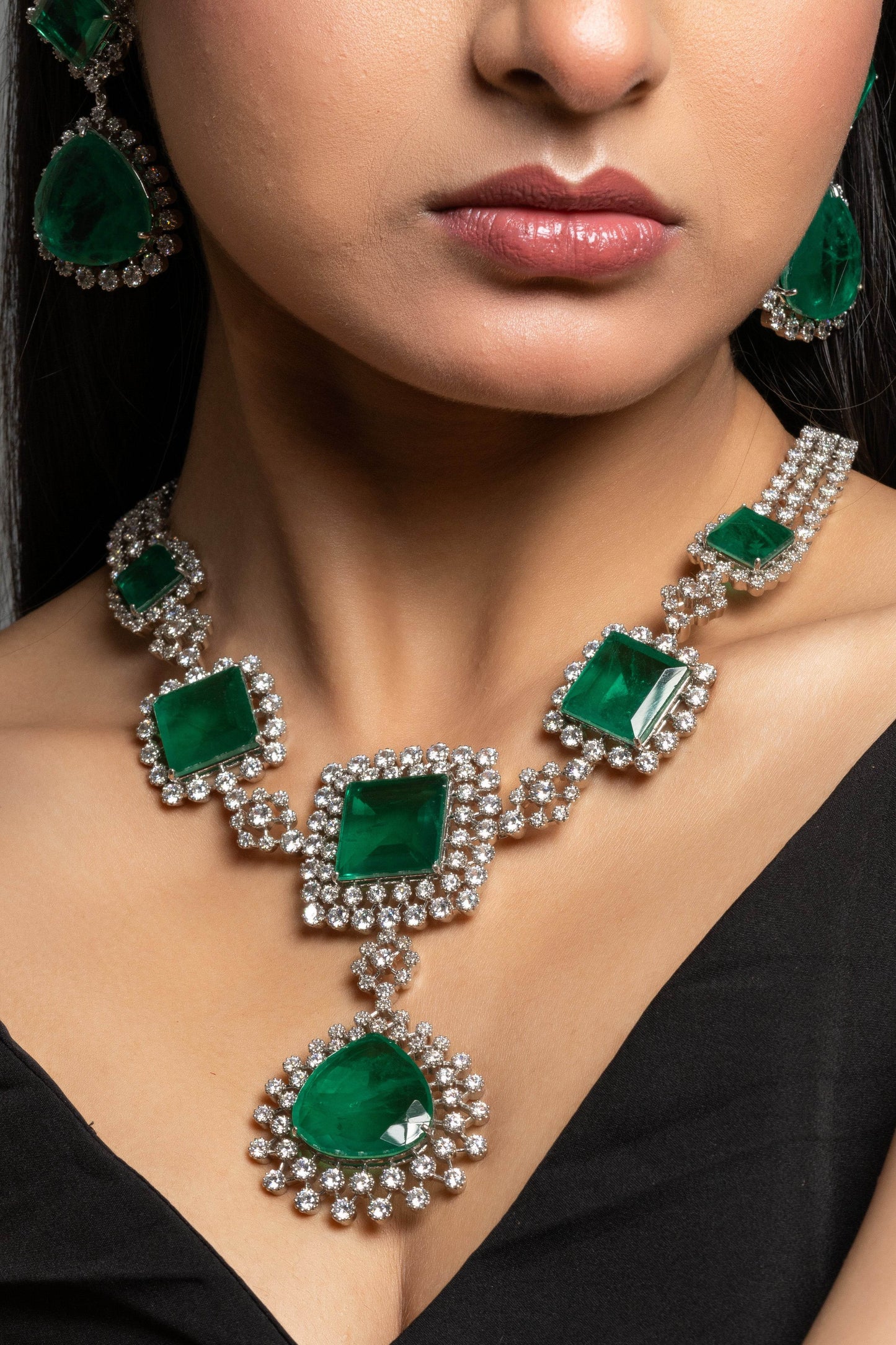 Designer Green Doublet with American Diamond Sterling Silver Necklace Set - Lookandadorn.com