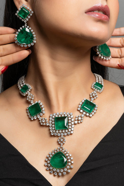 Designer Green Doublet with American Diamond Sterling Silver Necklace Set - Lookandadorn.com