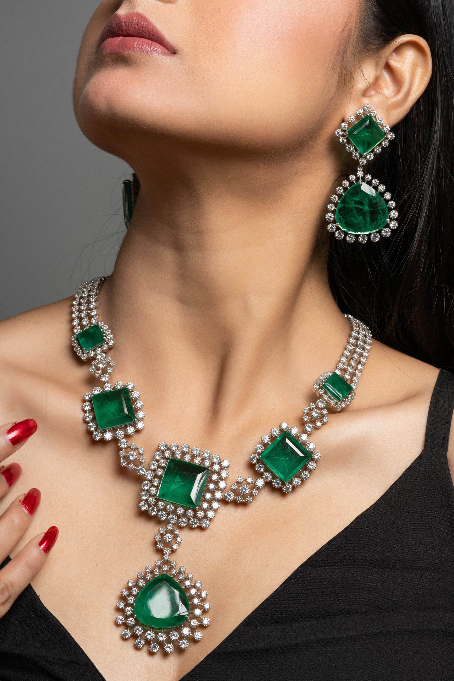 Designer Green Doublet with American Diamond Sterling Silver Necklace Set - Lookandadorn.com