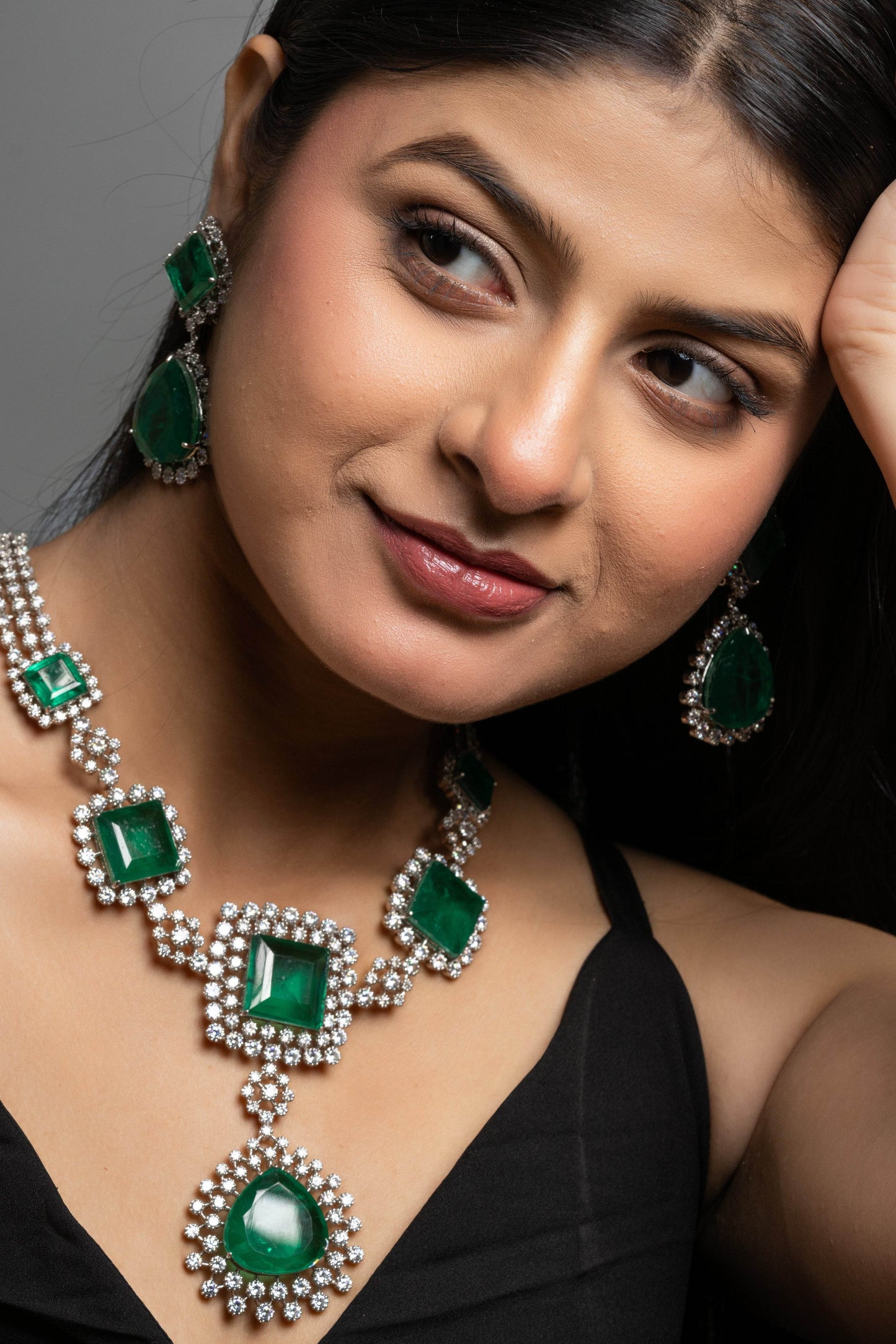 Designer Green Doublet with American Diamond Sterling Silver Necklace Set - Lookandadorn.com