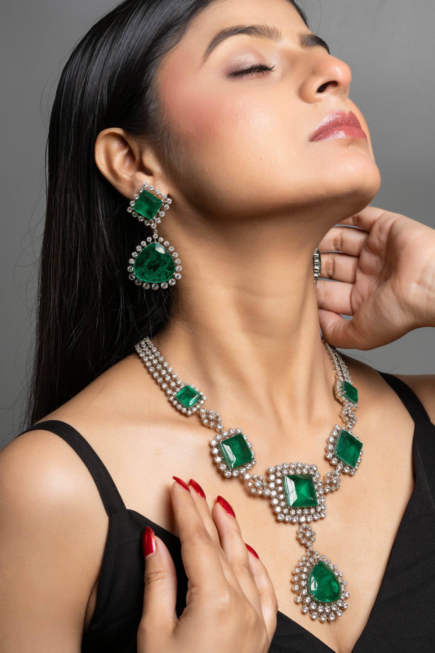 Designer Green Doublet with American Diamond Sterling Silver Necklace Set - Lookandadorn.com