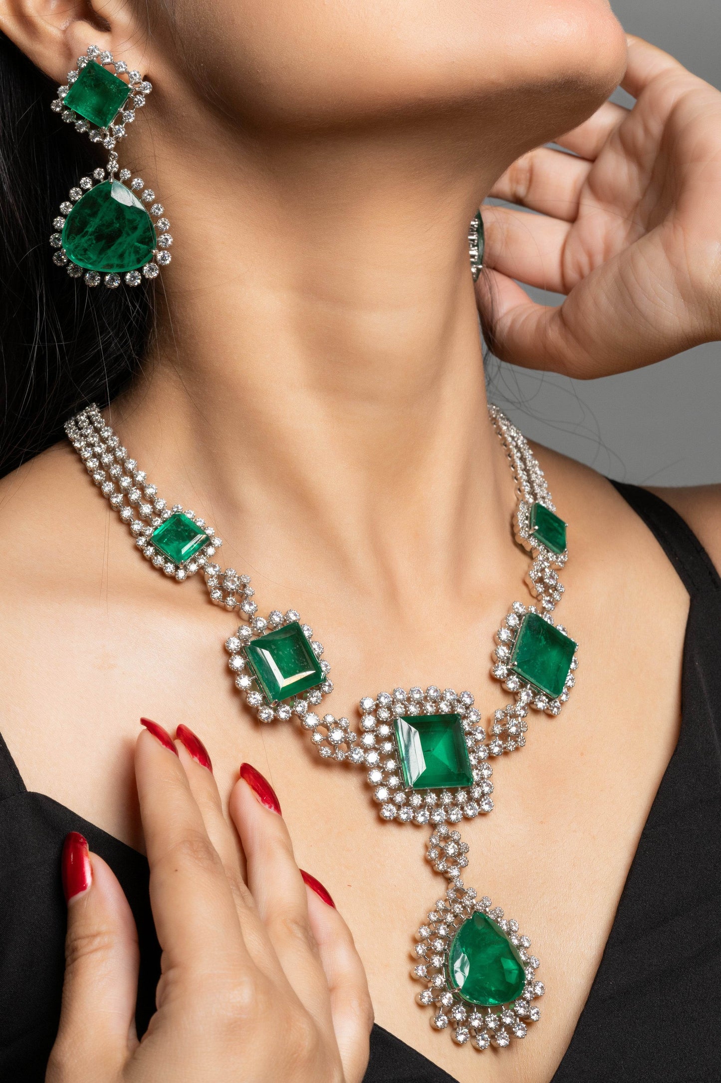 Designer Green Doublet with American Diamond Sterling Silver Necklace Set - Lookandadorn.com