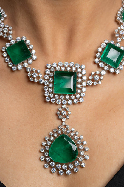 Designer Green Doublet with American Diamond Sterling Silver Necklace Set - Lookandadorn.com