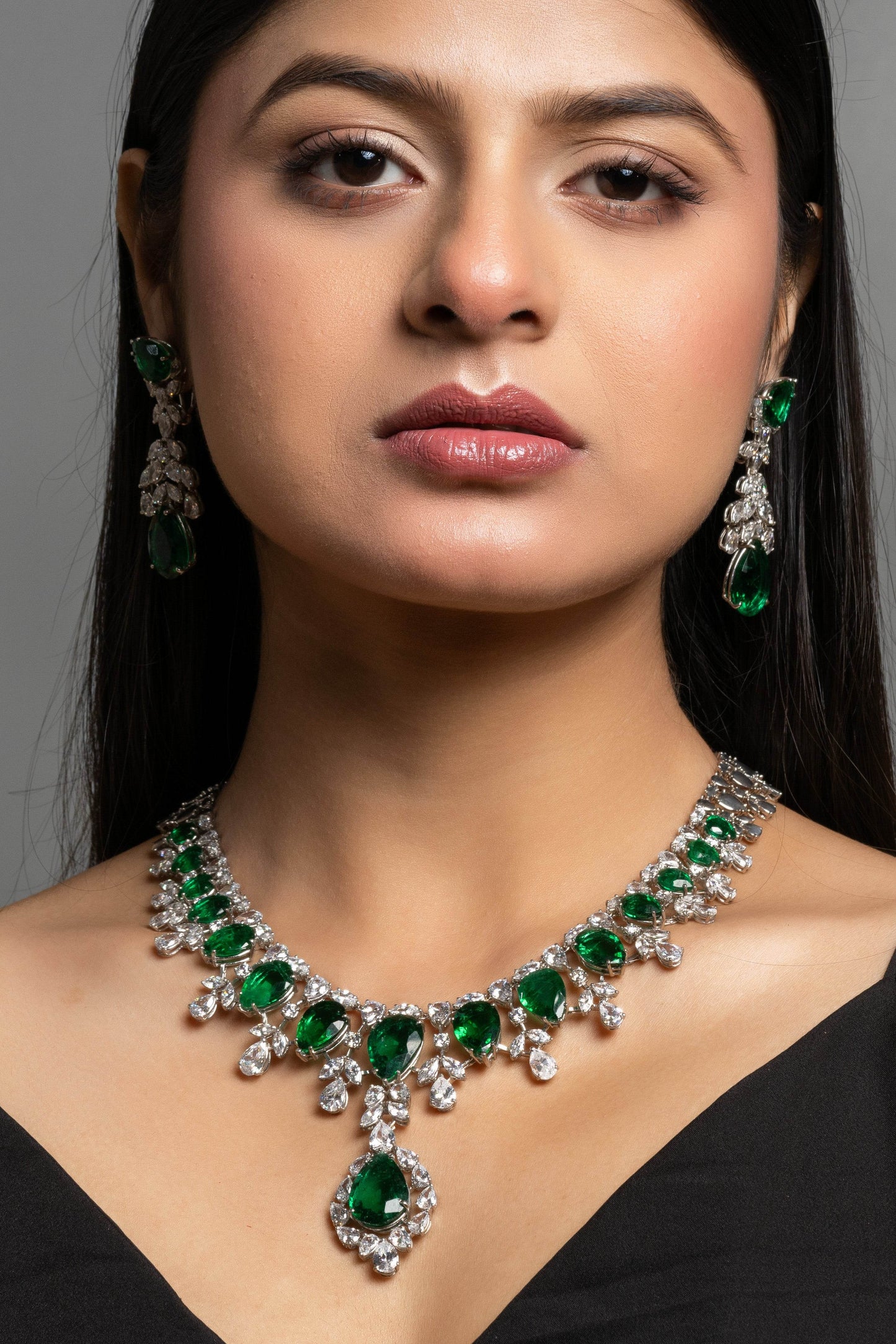 Green Hydro American Diamond Sterling Silver Necklace & Earrings Set - Lookandadorn.com