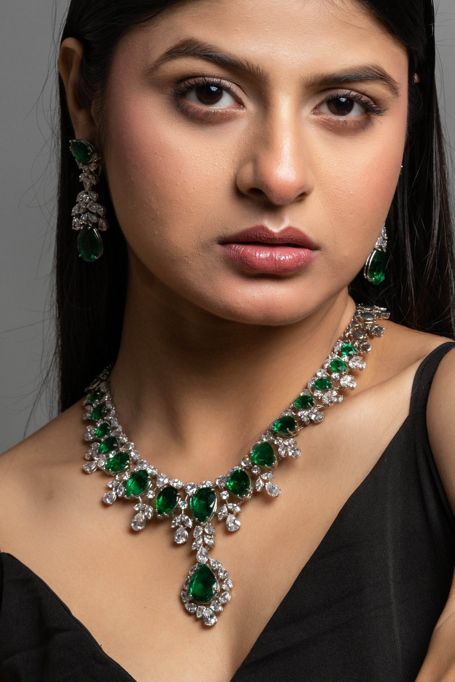 Green Hydro American Diamond Sterling Silver Necklace & Earrings Set - Lookandadorn.com