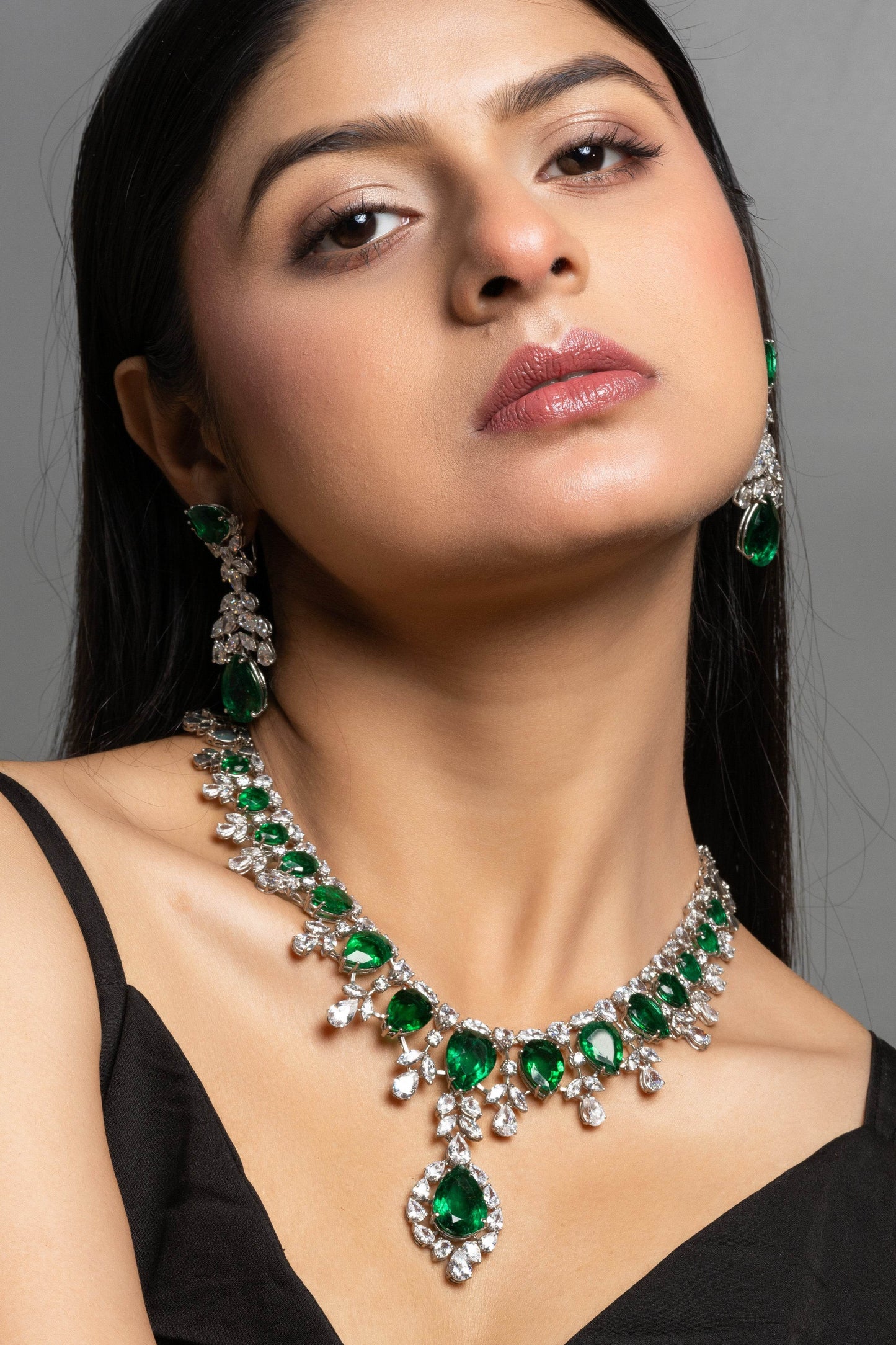 Green Hydro American Diamond Sterling Silver Necklace & Earrings Set - Lookandadorn.com