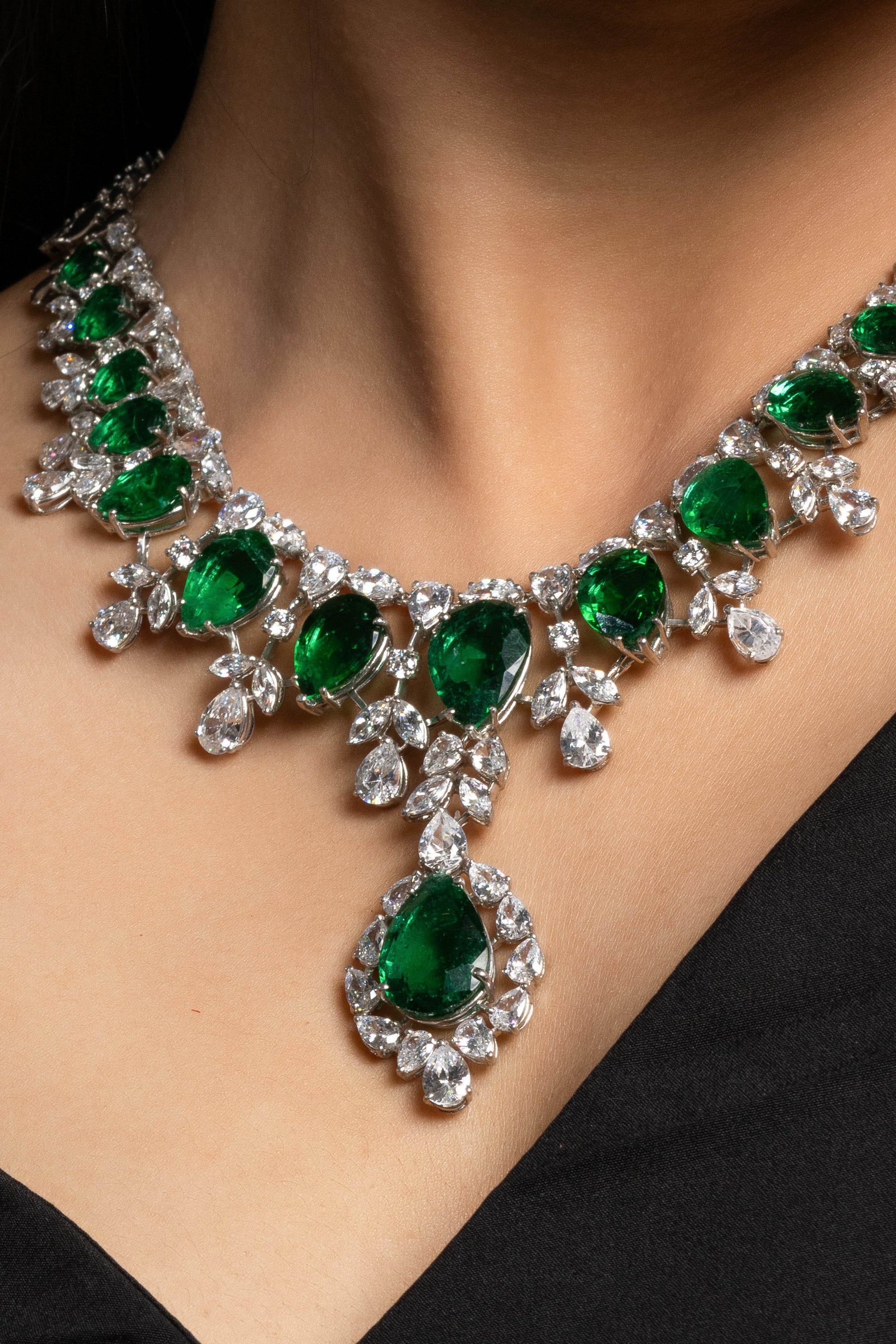 Green Hydro American Diamond Sterling Silver Necklace & Earrings Set - Lookandadorn.com