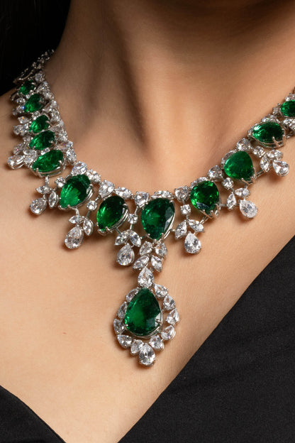 Green Hydro American Diamond Sterling Silver Necklace & Earrings Set - Lookandadorn.com