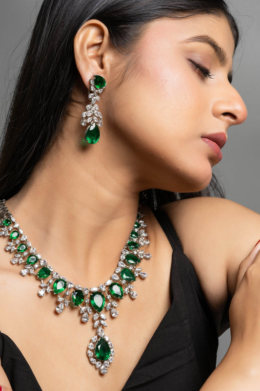 Green Hydro American Diamond Sterling Silver Necklace & Earrings Set - Lookandadorn.com