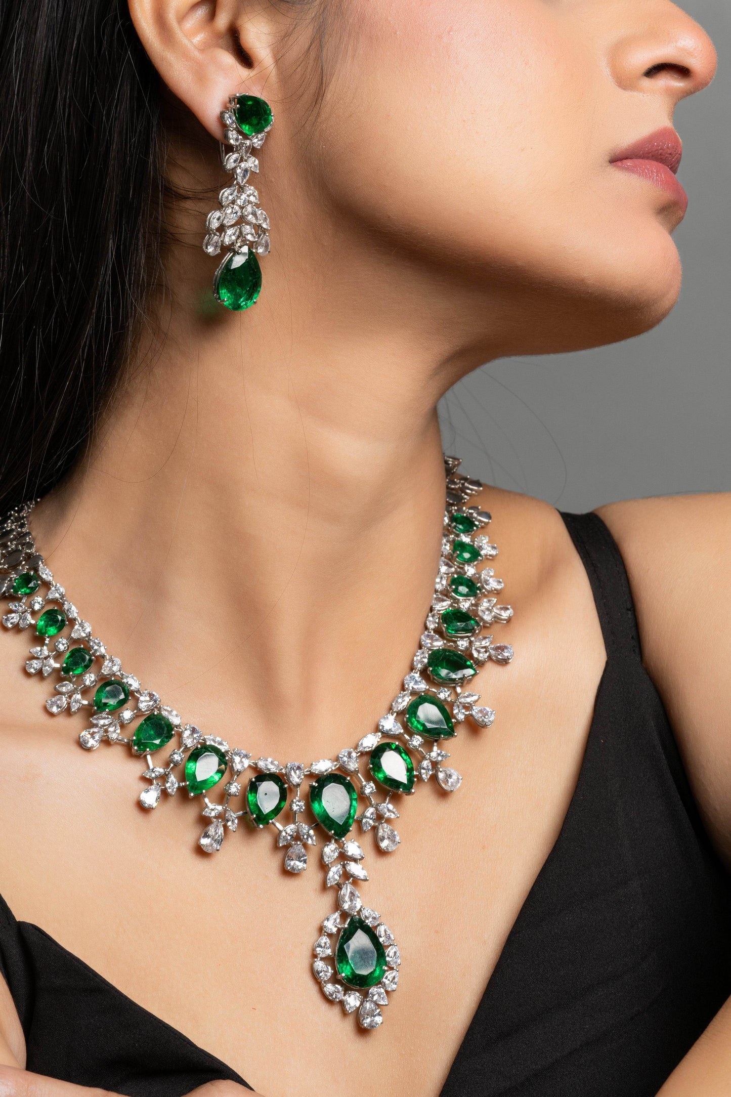 Green Hydro American Diamond Sterling Silver Necklace & Earrings Set - Lookandadorn.com