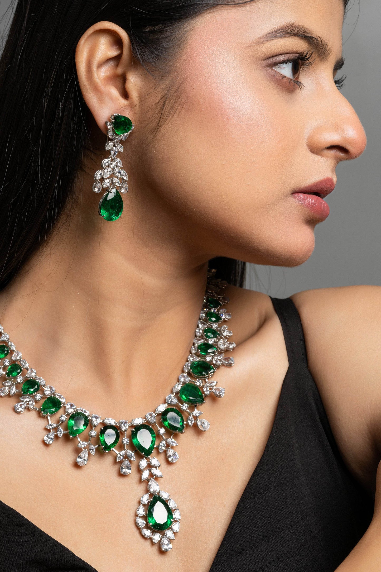 Green Hydro American Diamond Sterling Silver Necklace & Earrings Set - Lookandadorn.com