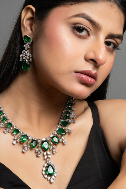 Green Hydro American Diamond Sterling Silver Necklace & Earrings Set - Lookandadorn.com