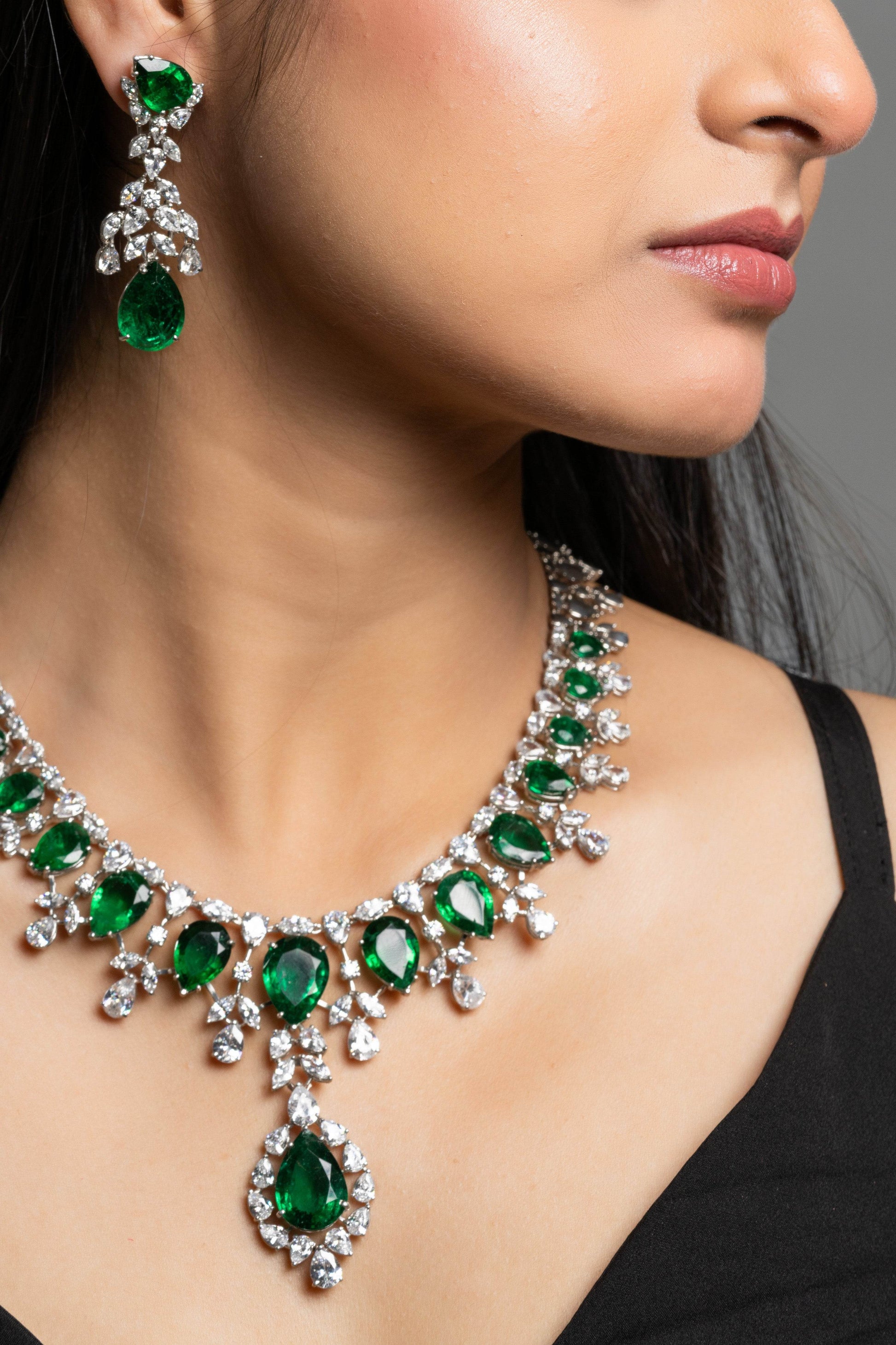 Green Hydro American Diamond Sterling Silver Necklace & Earrings Set - Lookandadorn.com