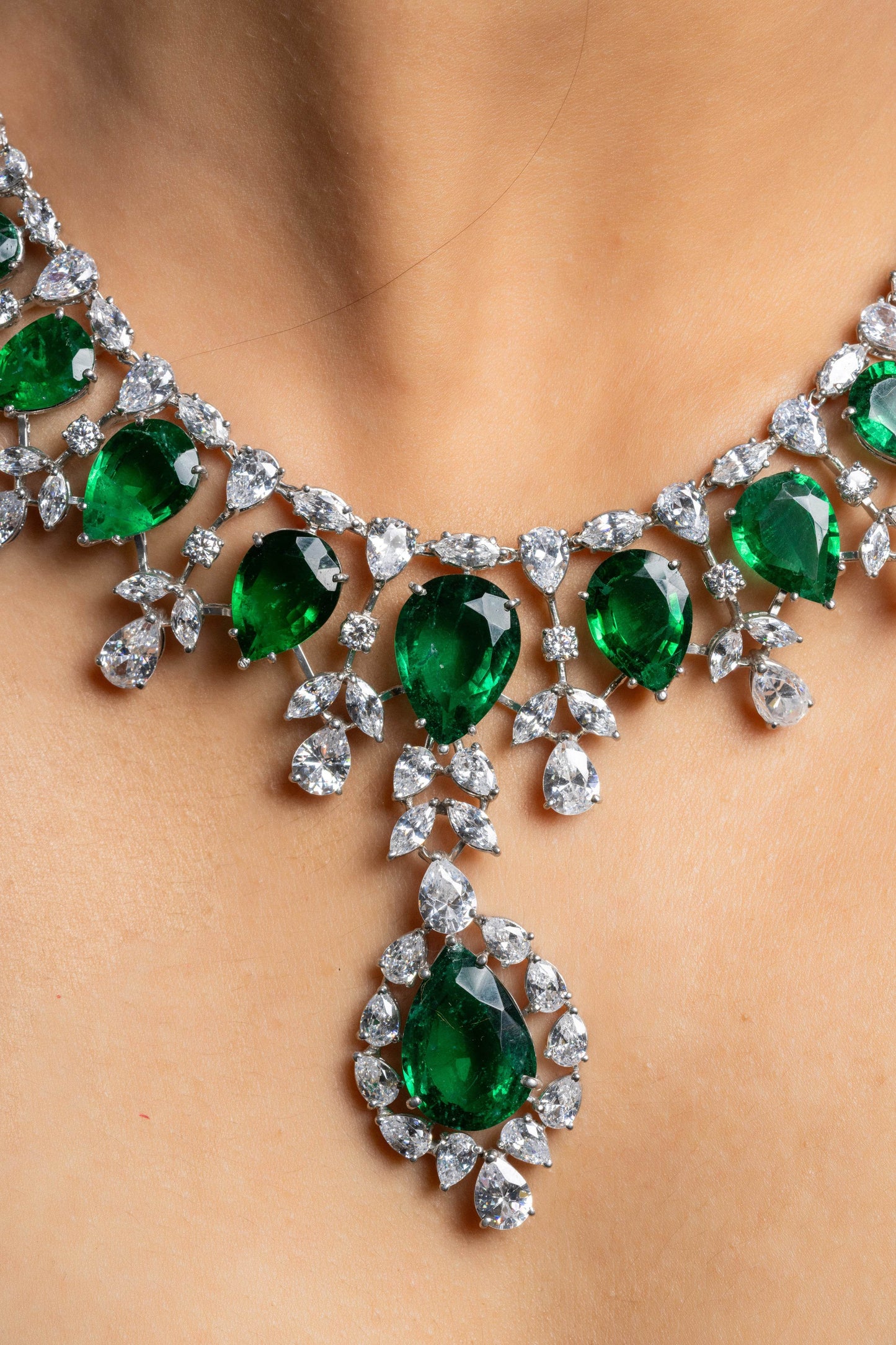 Green Hydro American Diamond Sterling Silver Necklace & Earrings Set - Lookandadorn.com